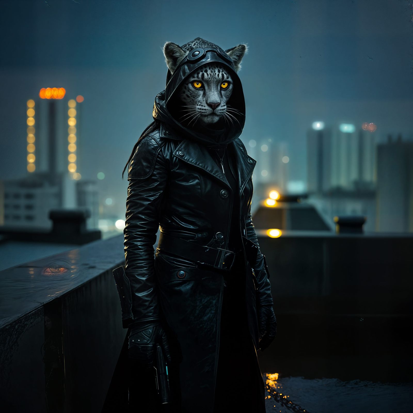 Snow Leopard Vampire Soldier in Rio at Night