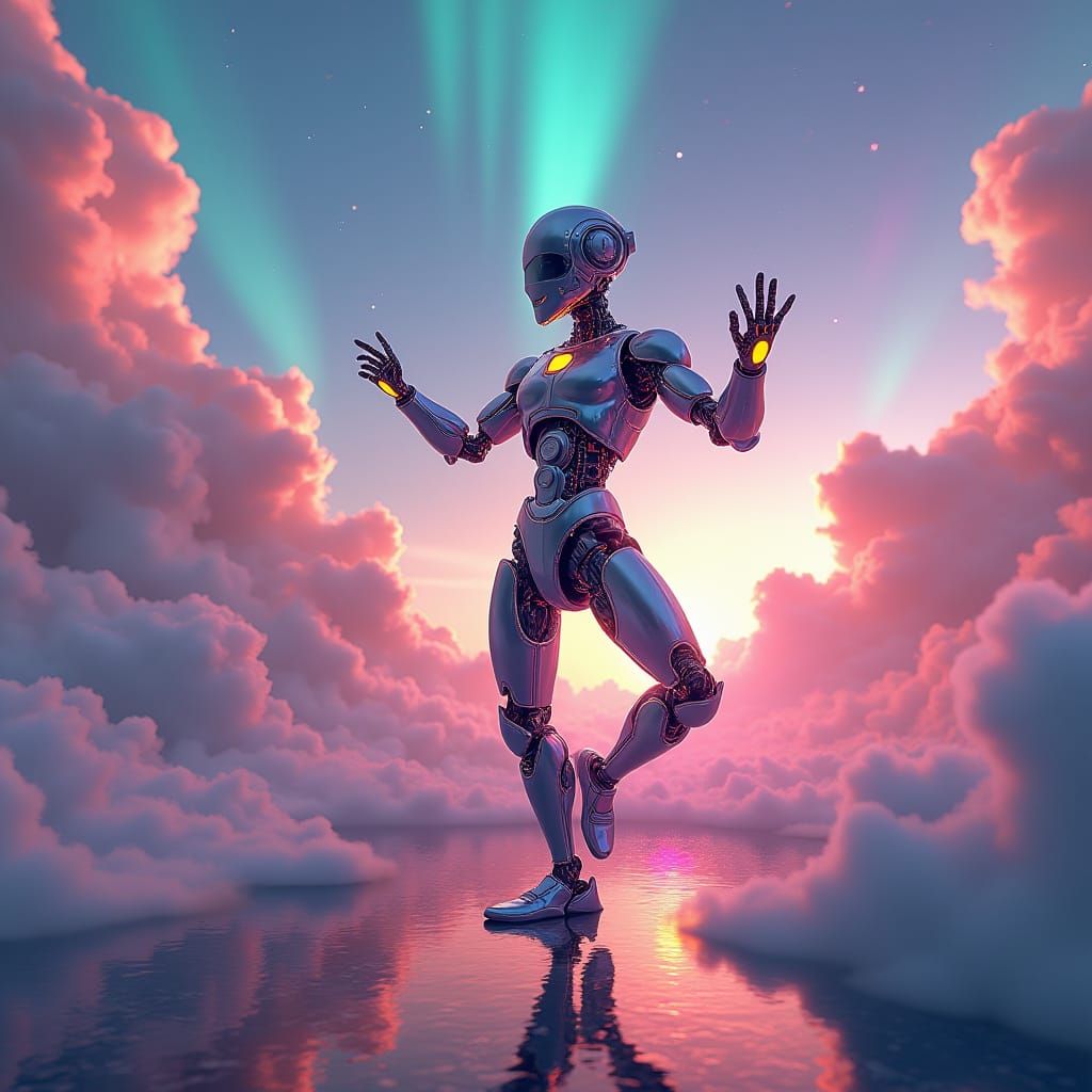Robot Dancing in Dreamlike Cyberpunk Environment