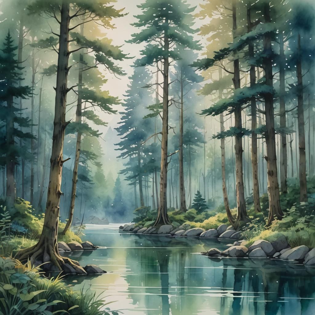 Watercolor Forest Lake Inspired by Ghibli