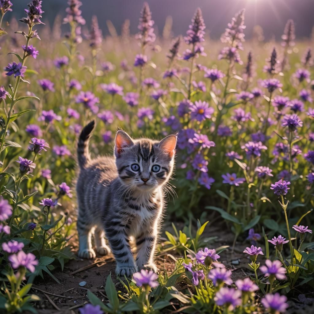 Bioluminescent Kitten in Purple Flower Field