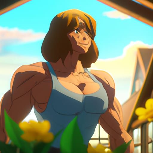 Anime Bodybuilder Mom in Ghibli Style