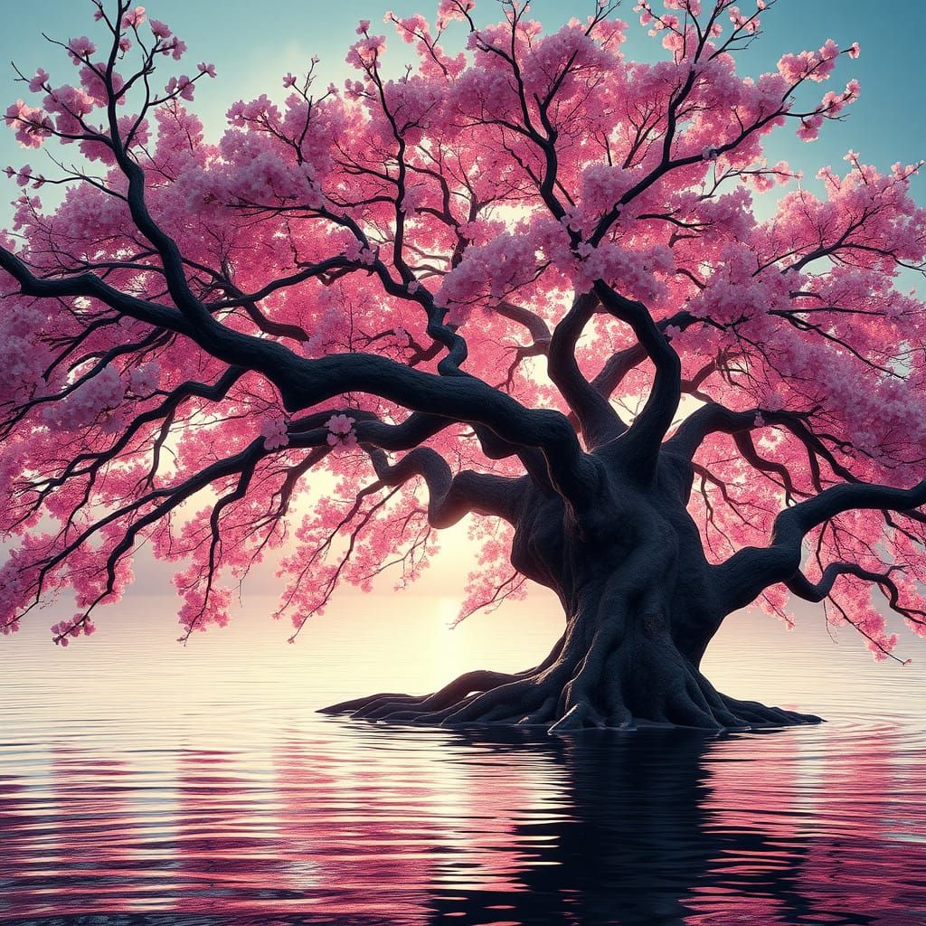 Ancient Sakura Tree Beside Serene Lake in Vibrant Fantasy Wo...