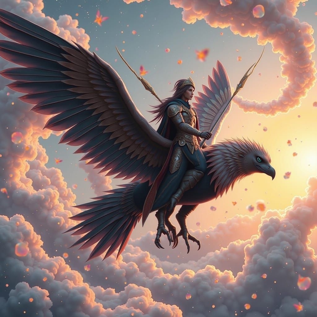 Druid Warrior Rides Eagle in Twilight Sky
