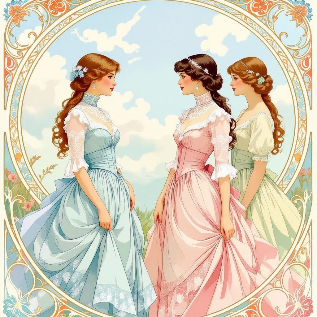 Elegant Women in Vintage Dresses with Pastel Sky Background