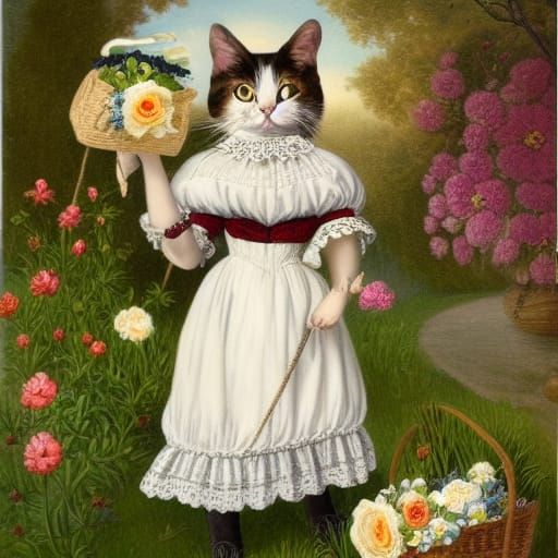 Victorian Cat with Flowers in Basket