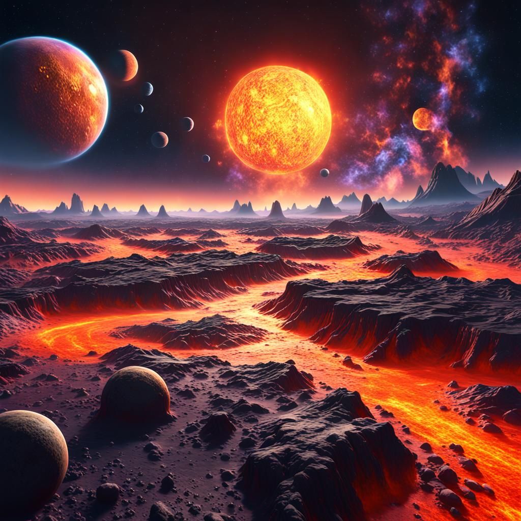 Alien Planet with Burning Skies: Fantasy Concept Art