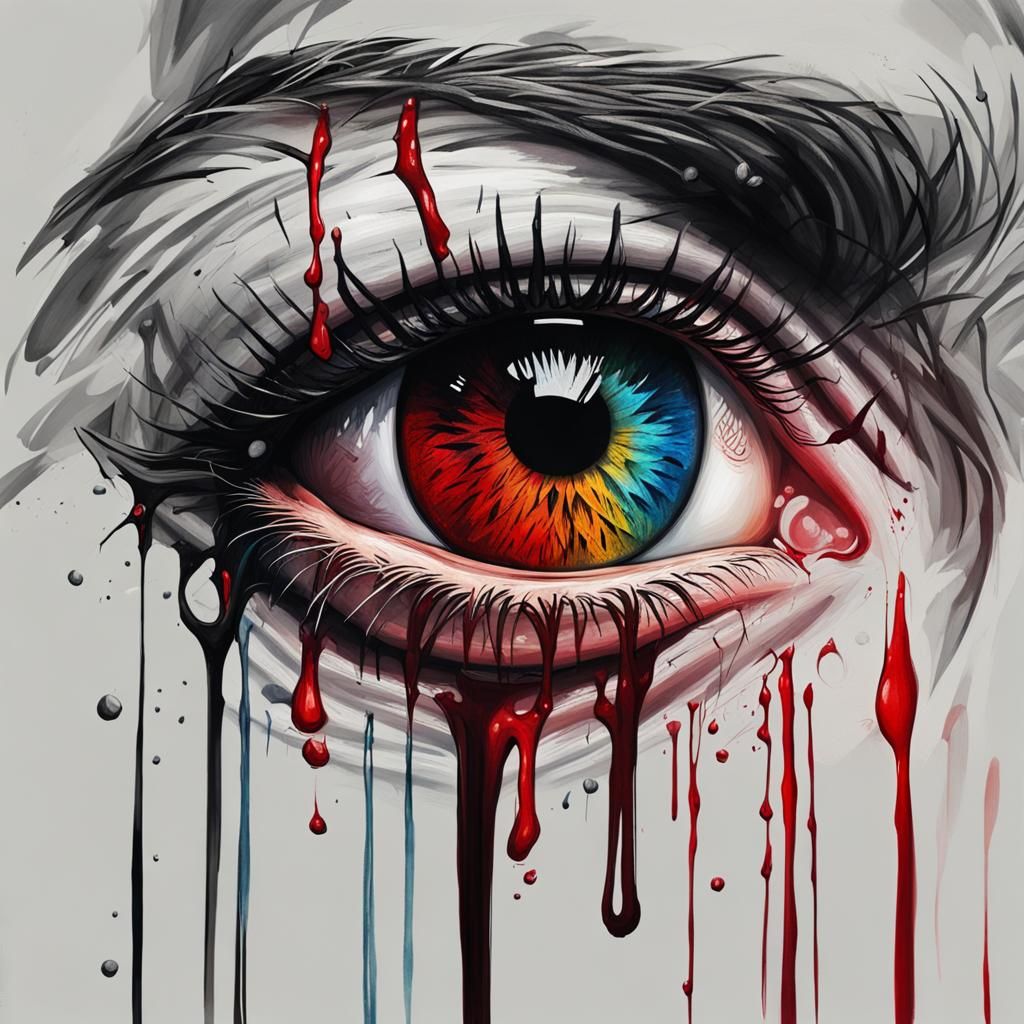 Hyperrealistic Eye Crying Blood in Oil Painting