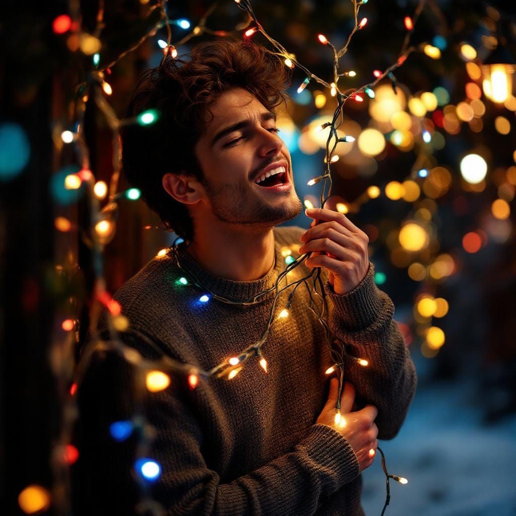 Festive Portrait: Man Wrapped in Christmas Lights