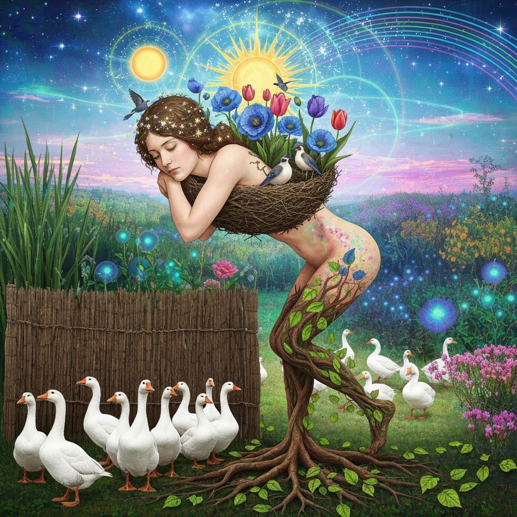 Cosmic Nest of Stars and Flowers with Woman in Surreal Style