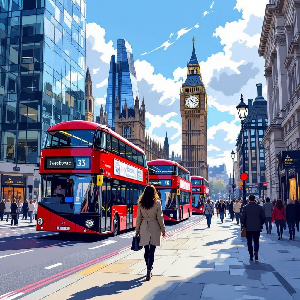 Vibrant London Street Scene with Red Buses