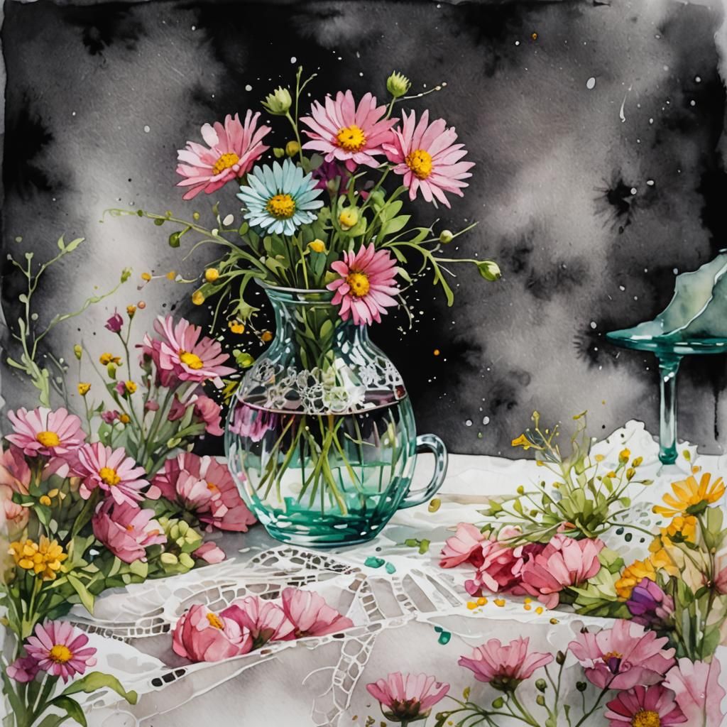 Vibrant Wildflower Bouquet in Wet Watercolor Style