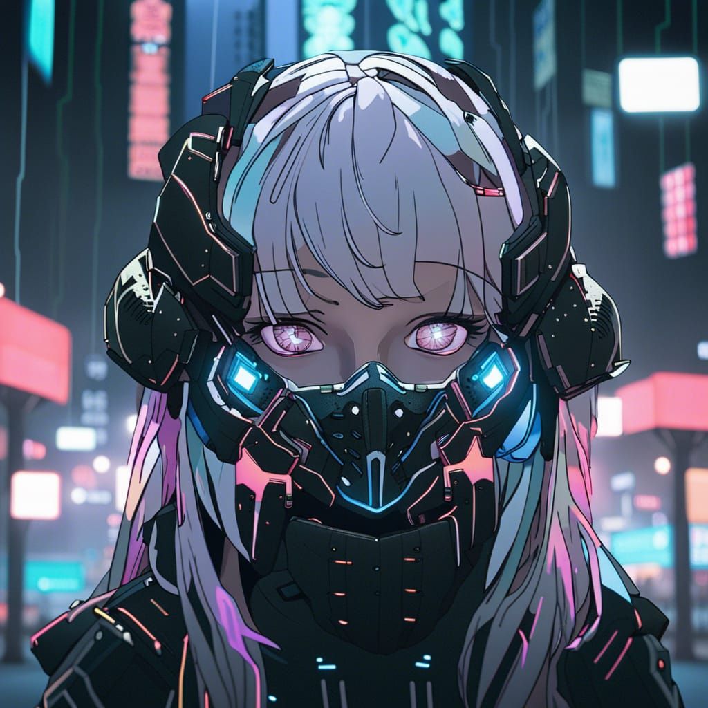 Cyborg Girl in Neon City Portrait