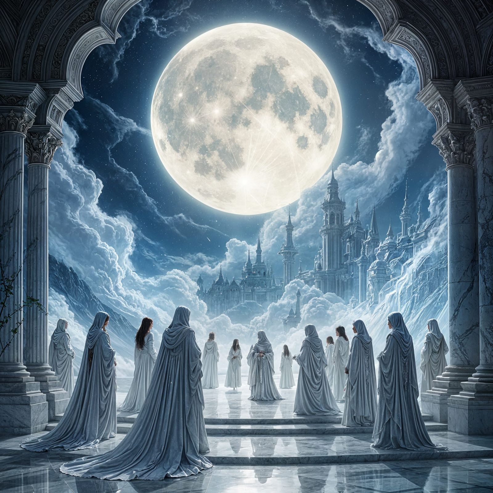 Ethereal Moonlit Royal Council in Silver Robes