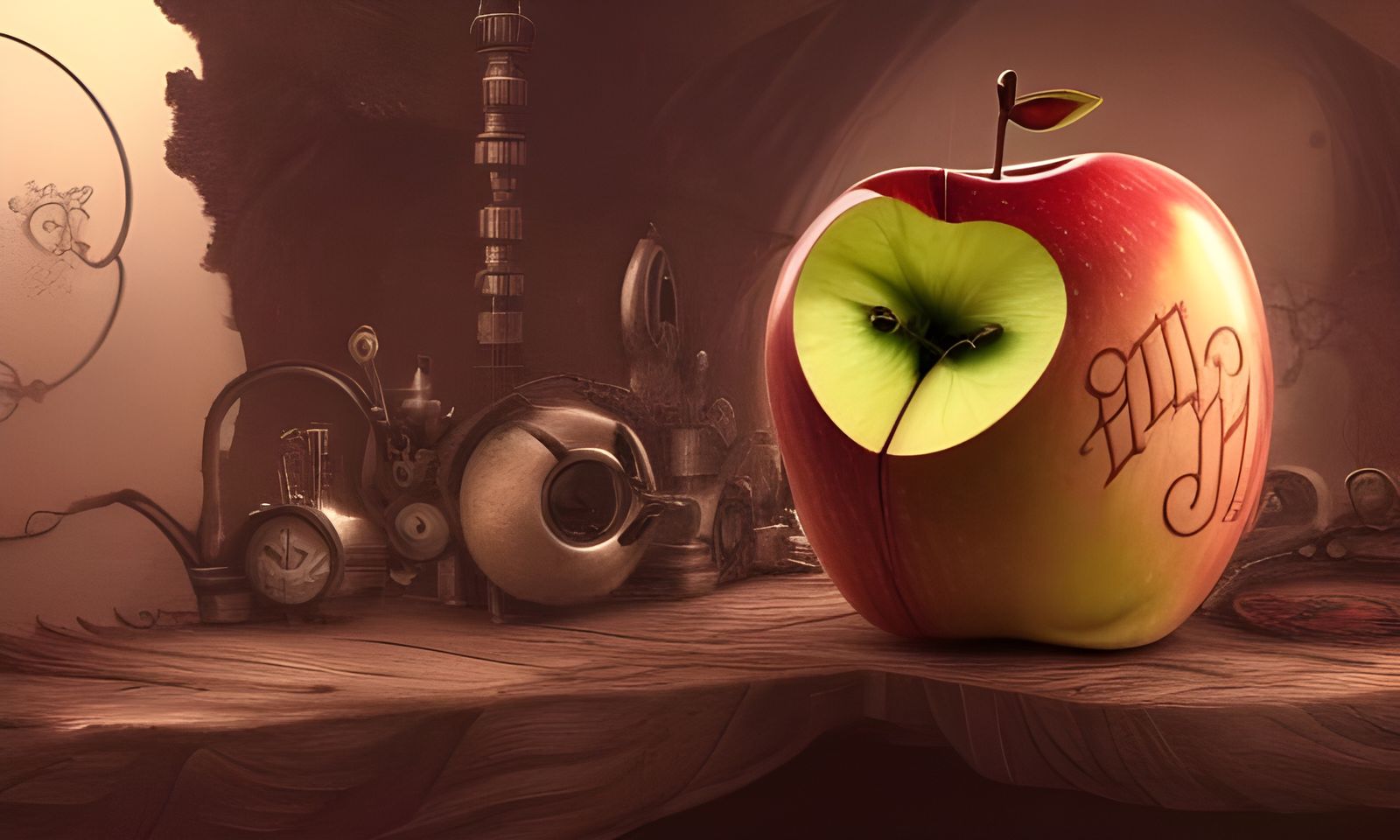 Steampunk Apple with Worm in Dark Victorian Style