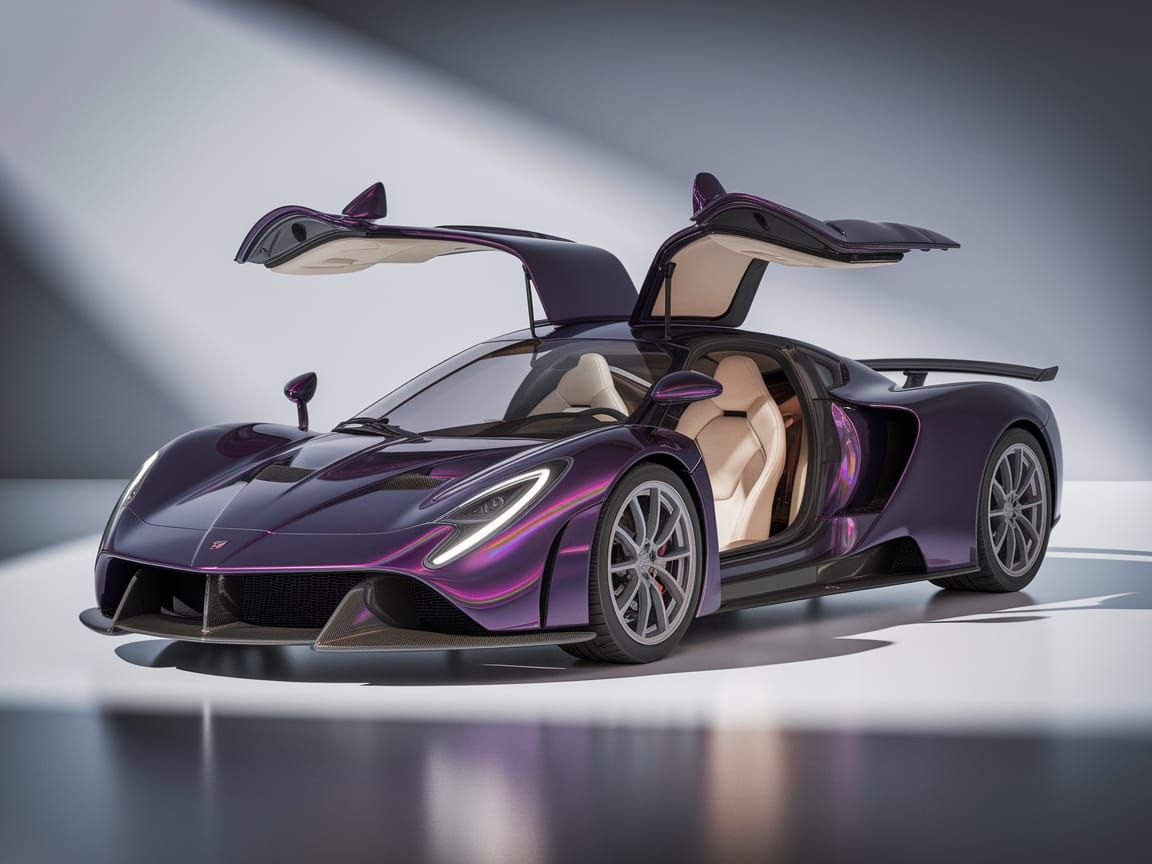 Iridescent Purple Hypercar with Butterfly Doors in Showroom