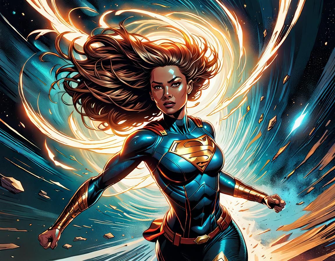 Superhero Girl Running Surrounded by Light in Splash Art