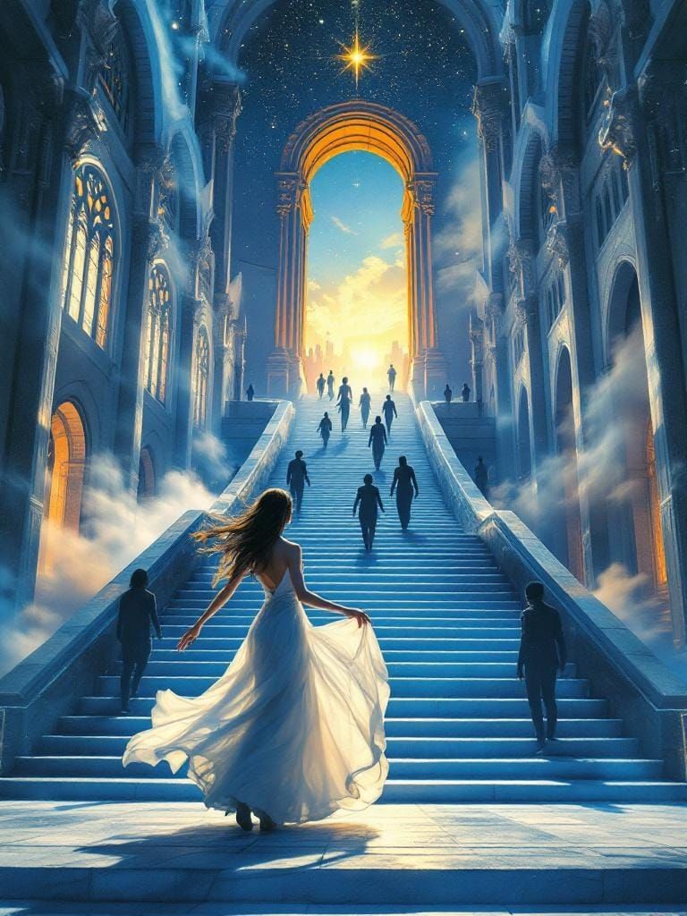 Ethereal Stairway Scene in Maxfield Parrish Style