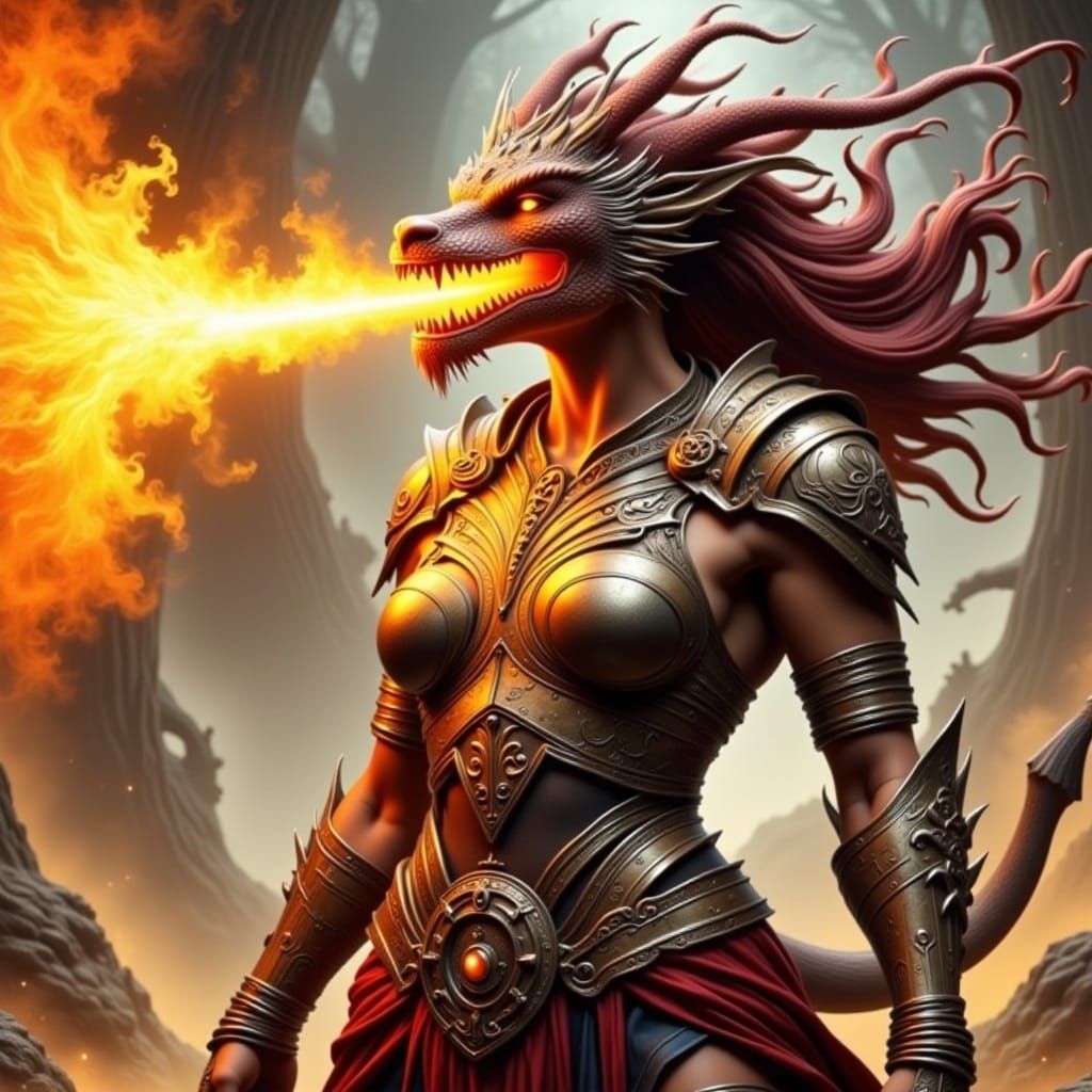 Warrior Dragonwoman Breathes Golden Fire in Hyperreal Style
