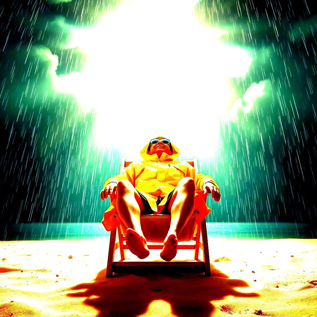 Woman Sunbathing During Unexpected Rain Shower