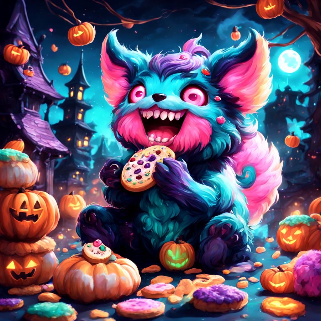 Kawaii Halloween Creature Devouring Cookies in Anime Style