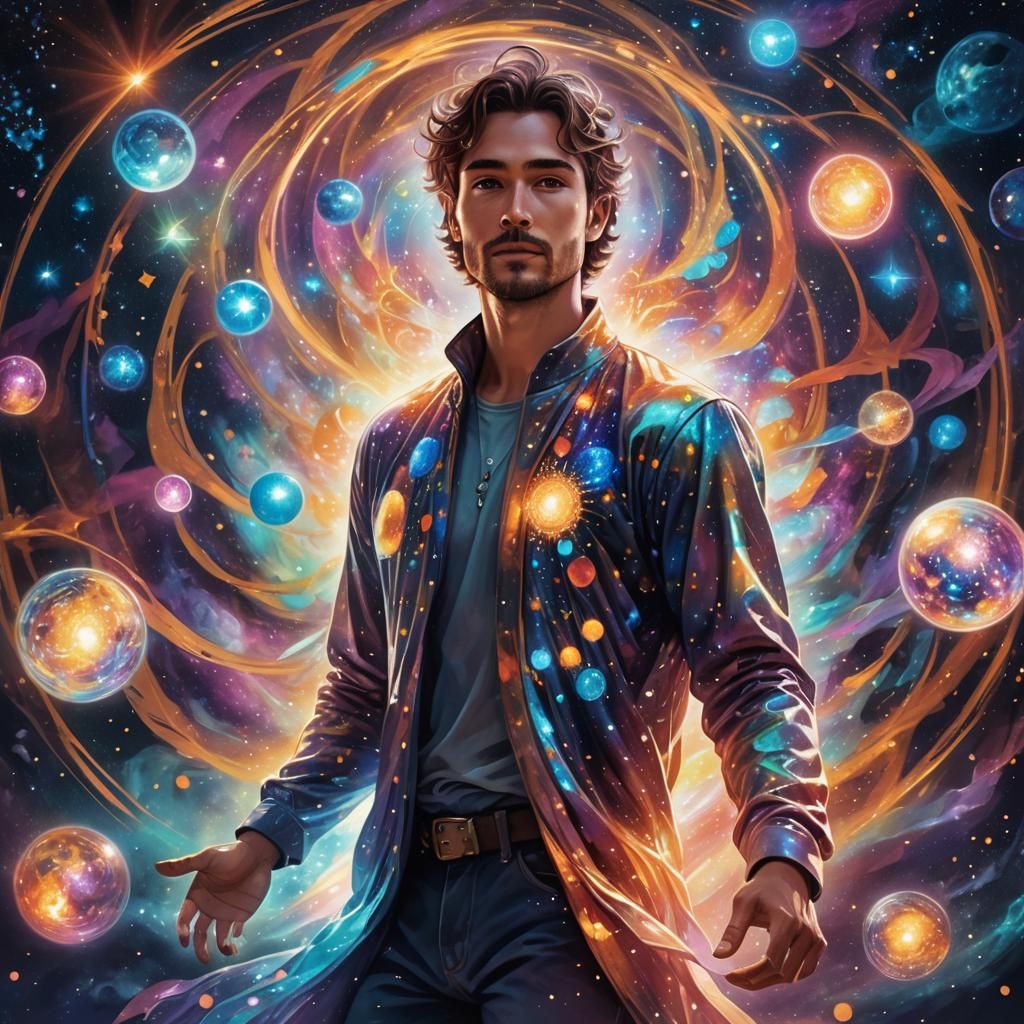 Astral Man Surrounded by Cosmic Orbs: Digital Painting