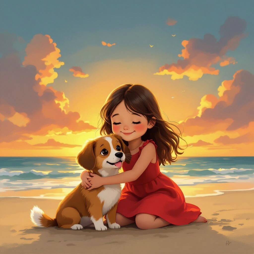 Girl Hugs Sausage Dog on Beach at Sunset