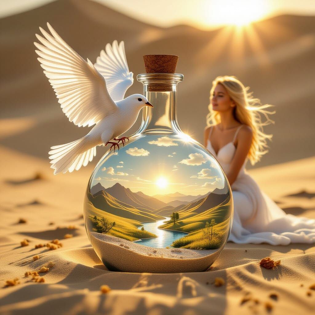 Transparent Bird Soaring Over Glass Bottle at Sunset