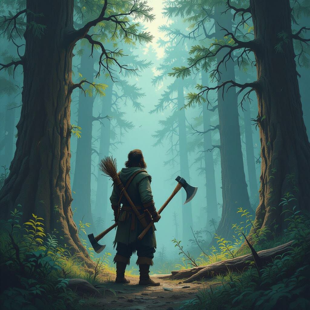 Woodcutter in Whimsical Forest Matte Painting