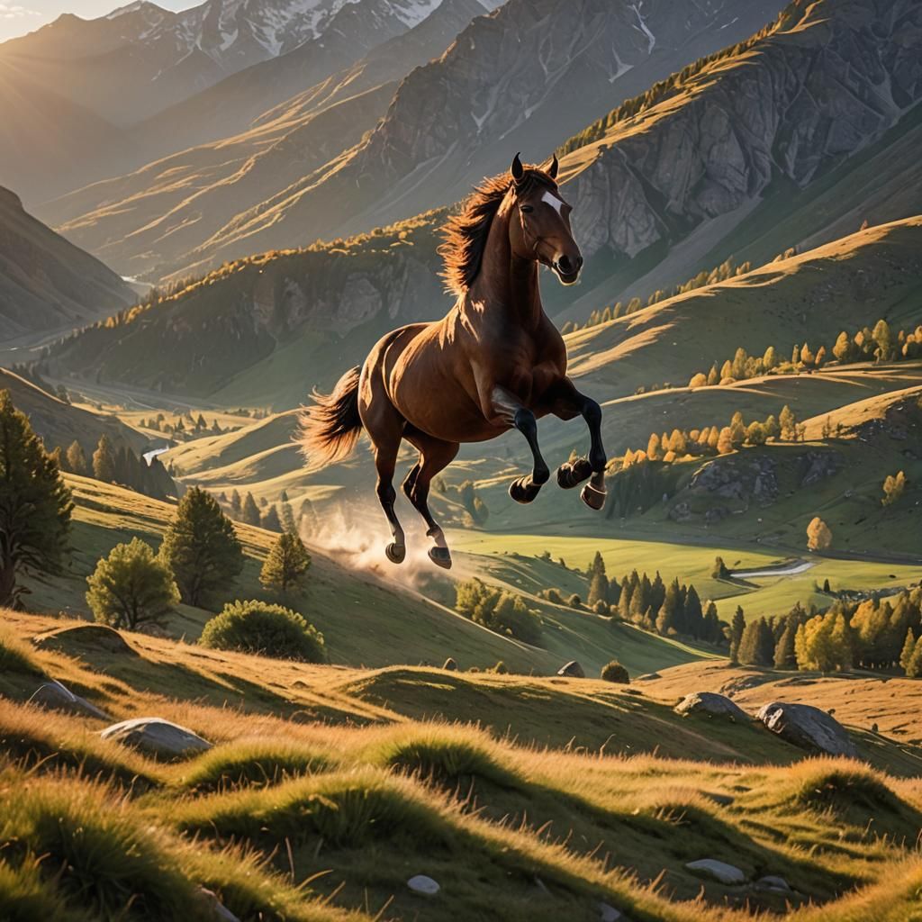 Horse Galloping Through Mountain Valley Photography