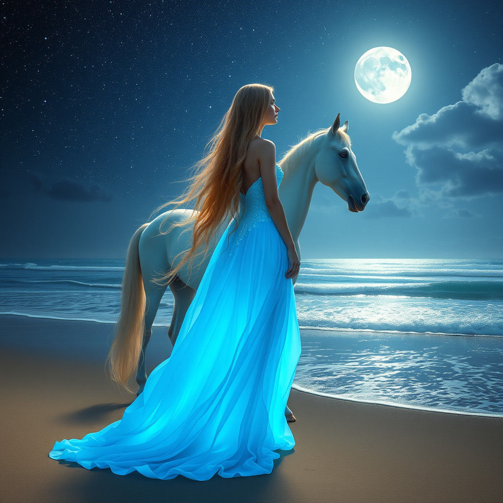 Mystical Woman and White Horse on Moonlit Beach