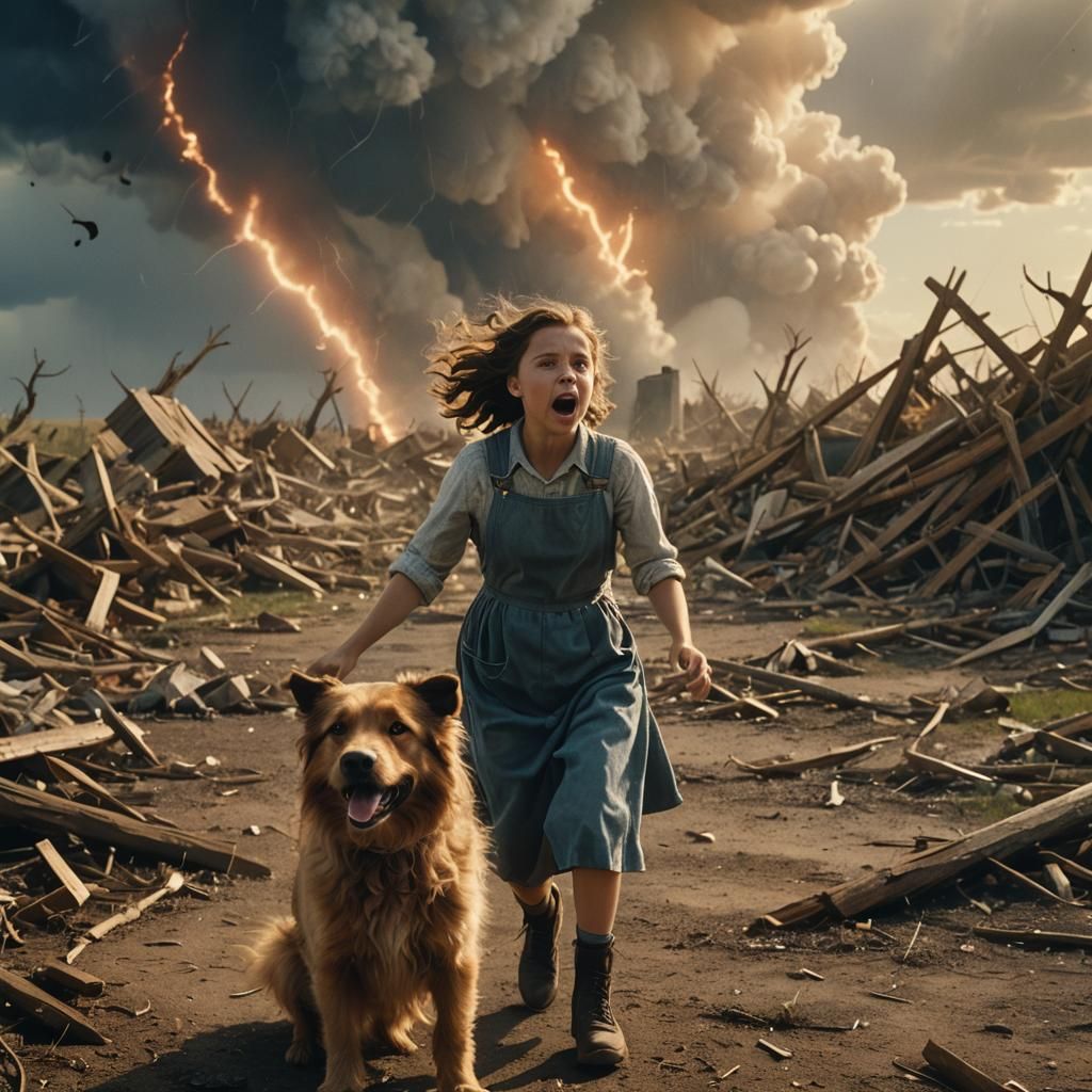 Dorothy and Toto in Kansas Tornado