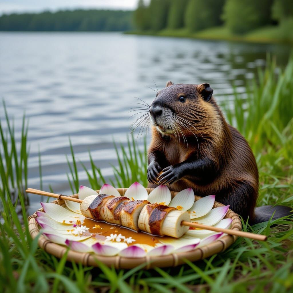 Anthropomorphic Beaver's Lakeside Meal