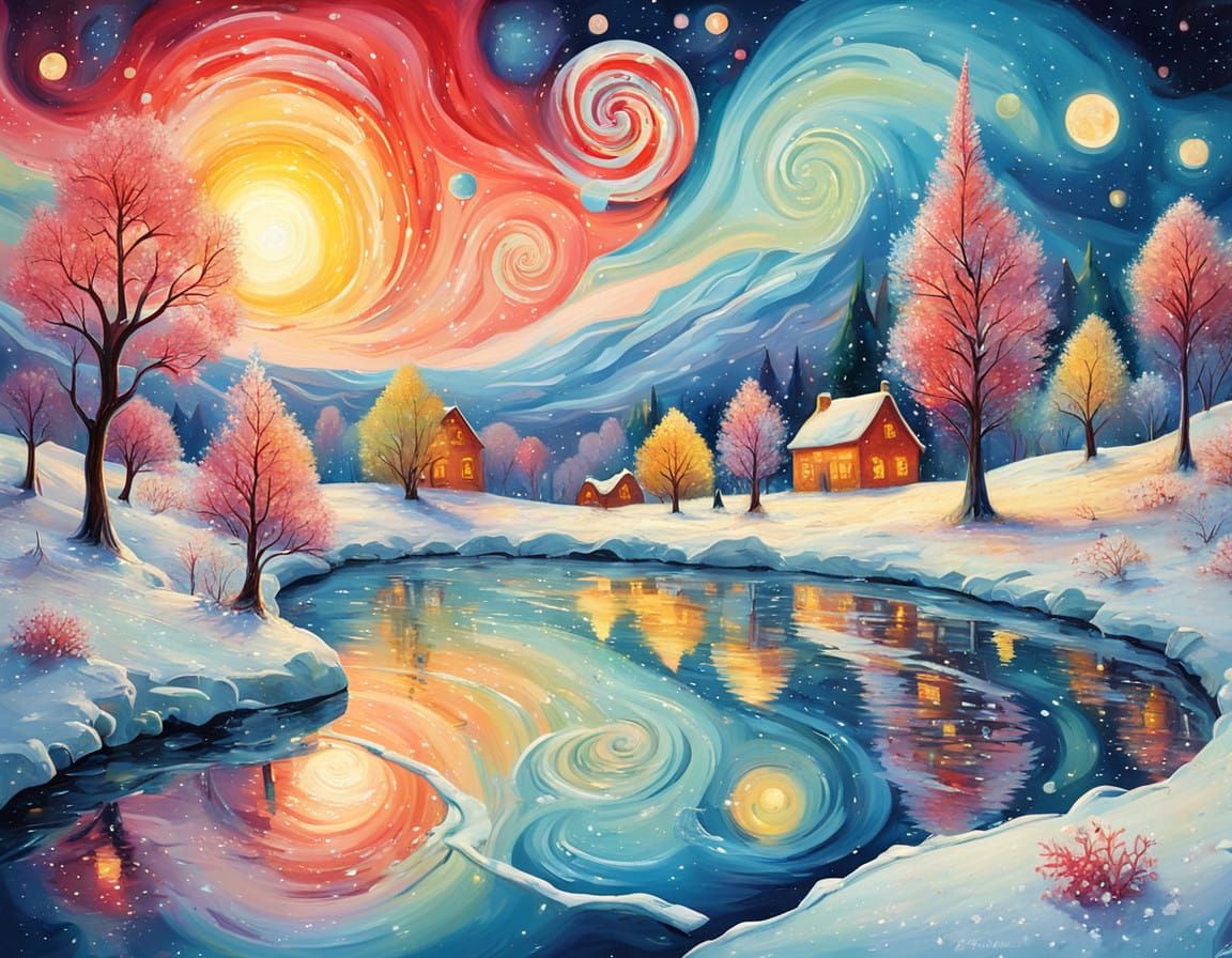 Whimsical Candy Wonderland in Serene Winter Landscape