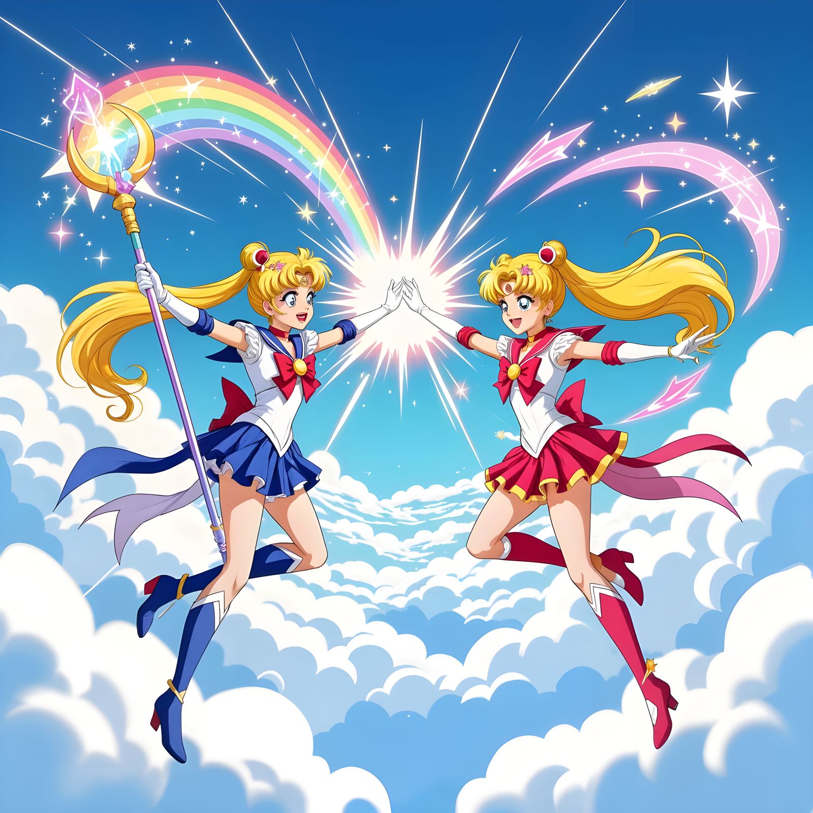 Magical Girls Duel in Vibrant Anime Style Sky Battle