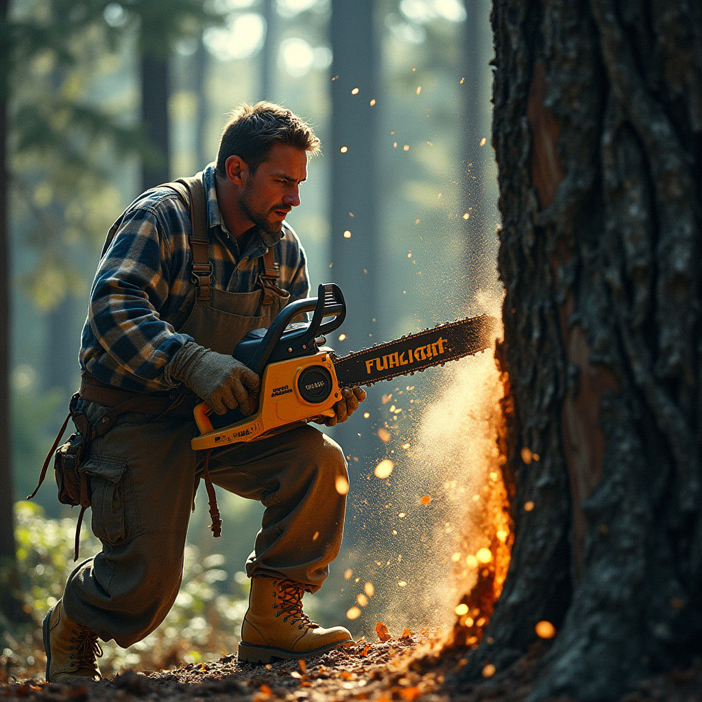 Lumberjack Cutting Tree with Chainsaw in Forest Film Still