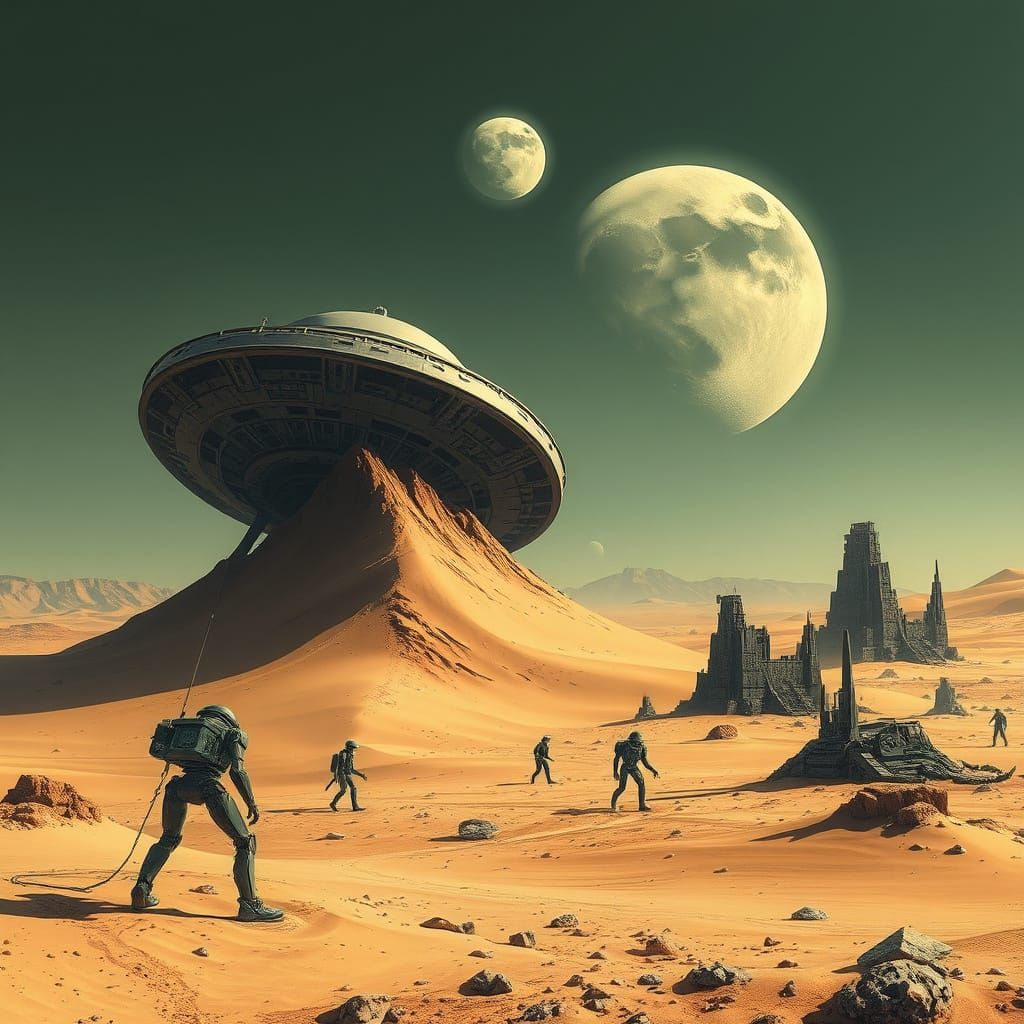 Robots Excavate Derelict UFO on Alien Desert with Three Moon...