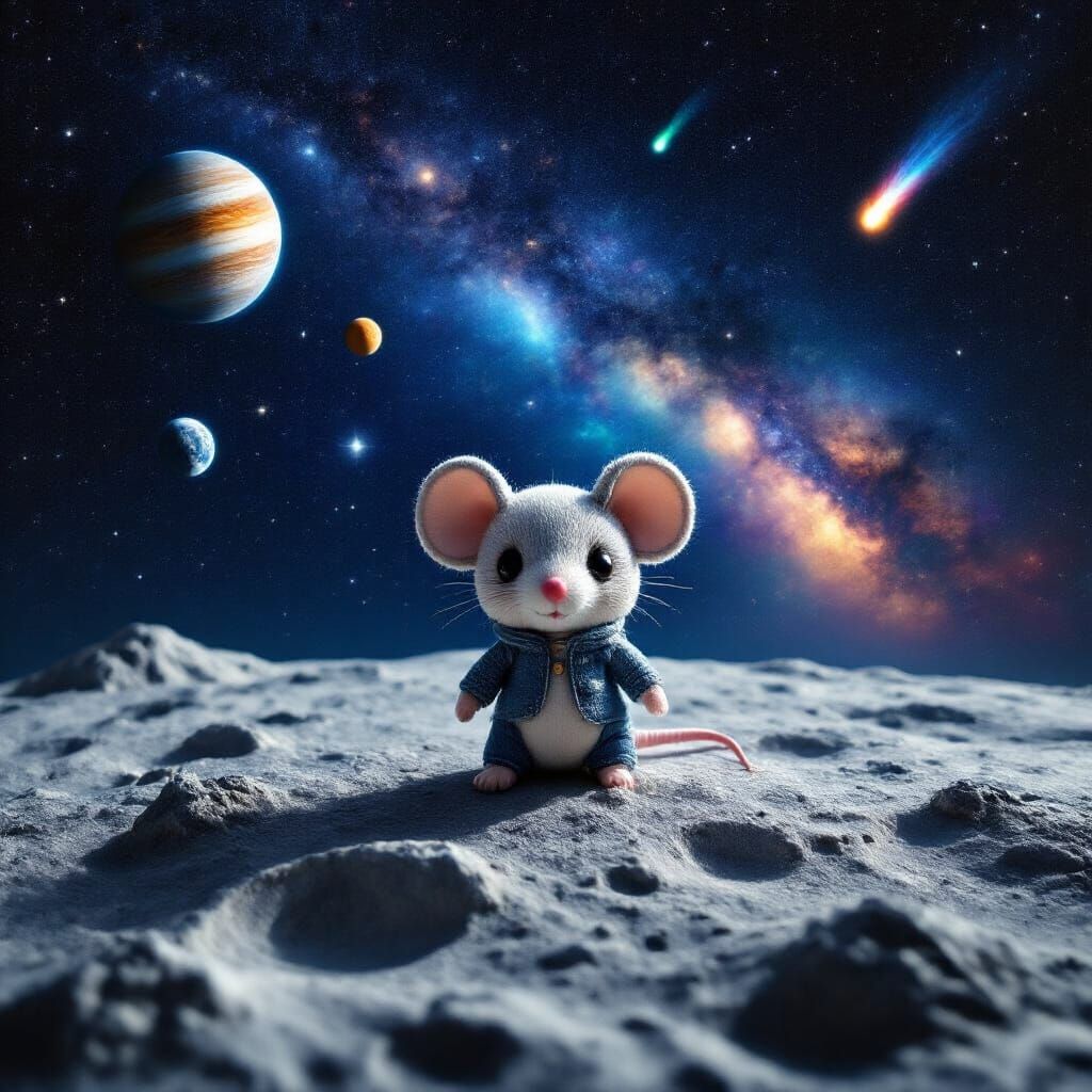 Hyperrealistic Chibi Mouse on Moon with Northern Lights