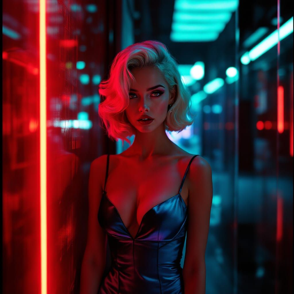 Glamorous Pin-Up Woman in Neon-Lit Corridors