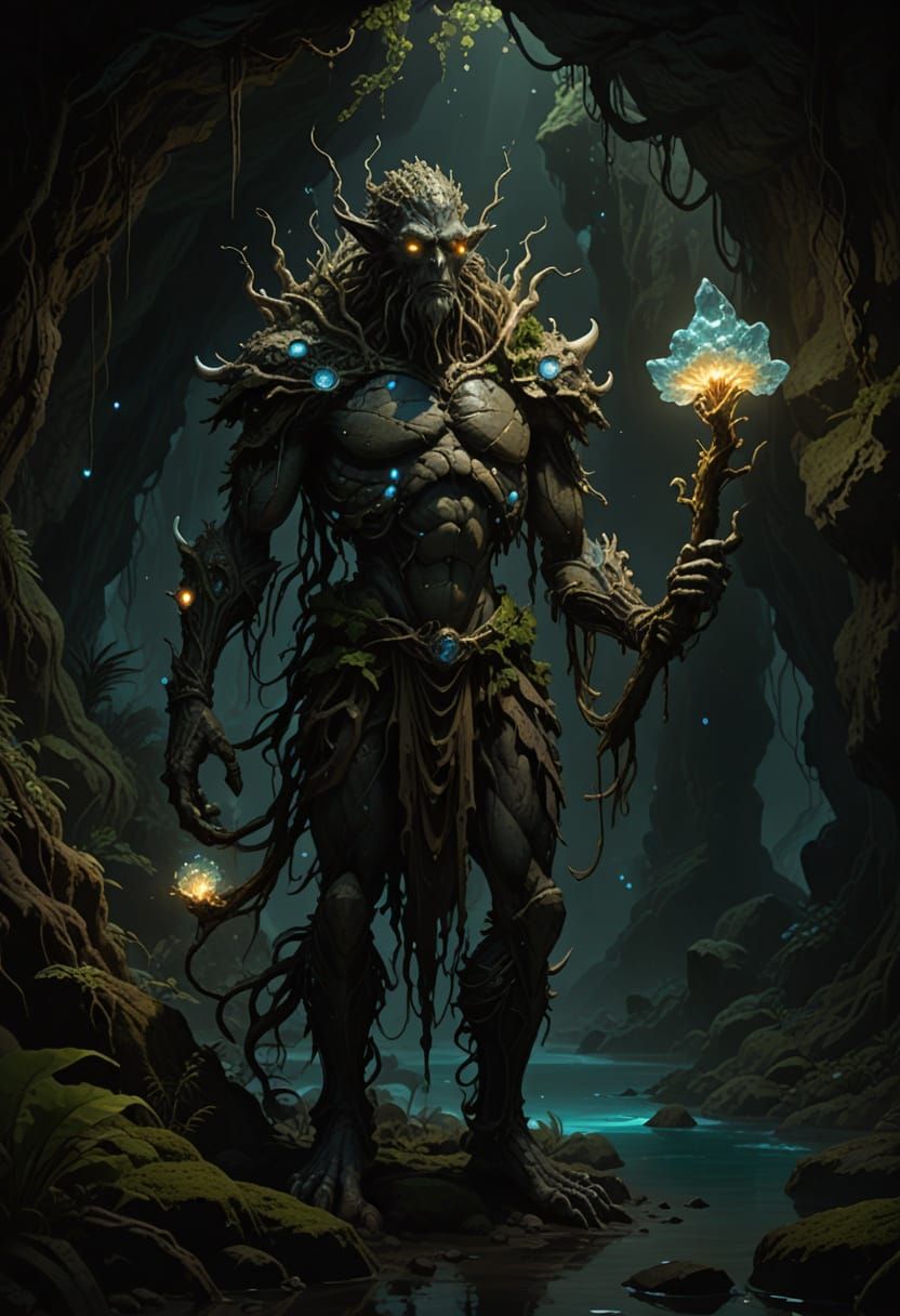 Sinister Fungal Guardian in Dark Fantasy Cave