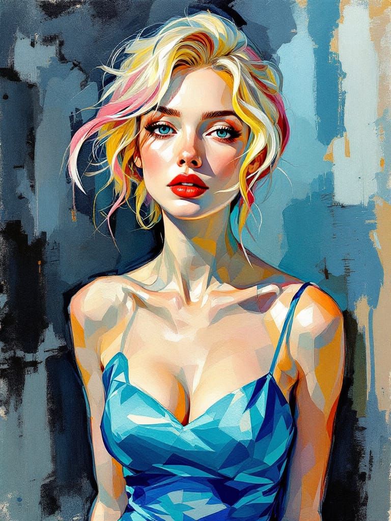 Blond Pin-Up Woman in Metallic Dress, Geometric Style