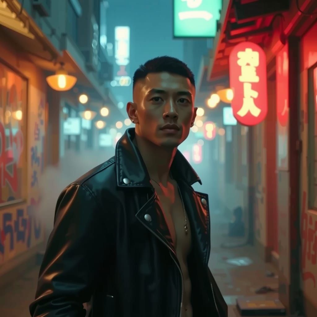 Korean Man in Neon Seoul Alleyway, Pre-Raphaelite Film Poste...