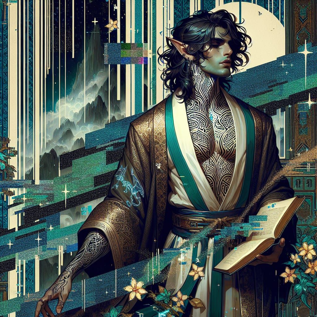 Mystic Elf Portrait in Glitchcore Mountainscape Painting