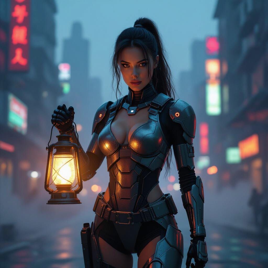 Cyberpunk Warrior Woman with Radiant Lantern