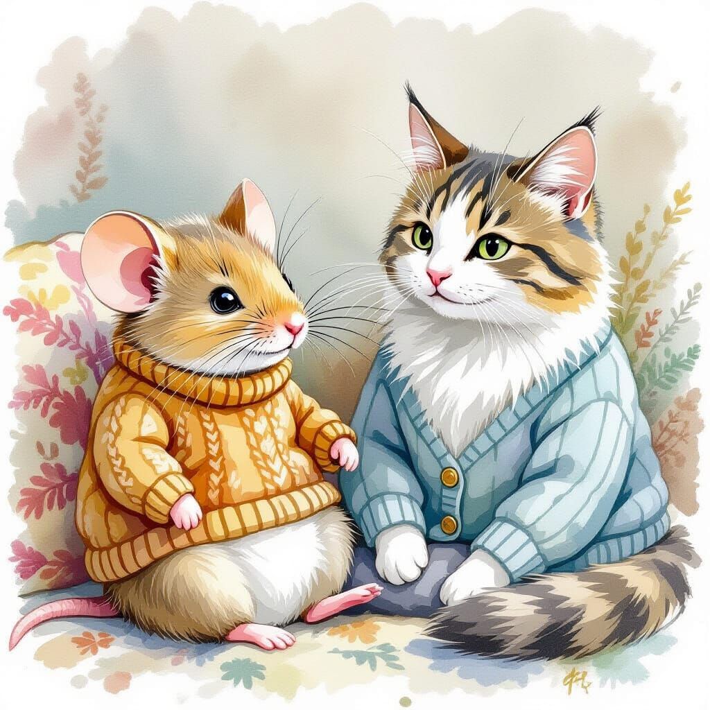 Fluffy Mouse & Calm Cat in Whimsical Watercolor Style