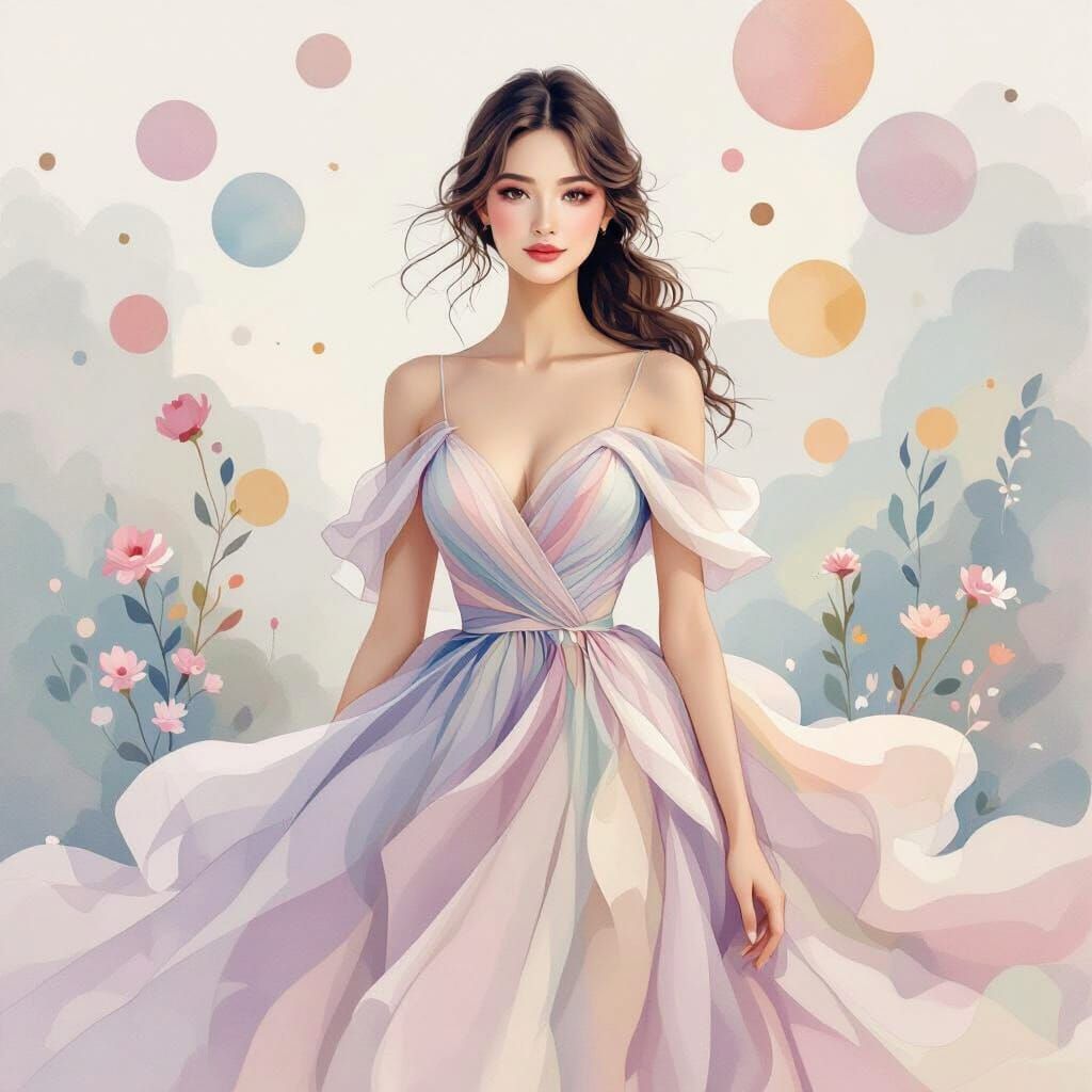 Whimsical Watercolor Portrait of a Serene Woman in Pastel Go...