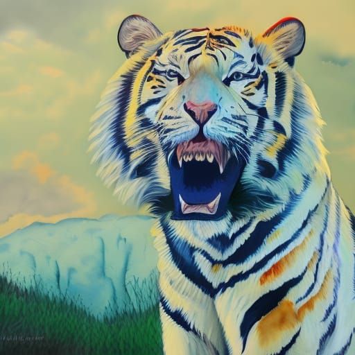 Ferocious White Tiger in Gouache Style