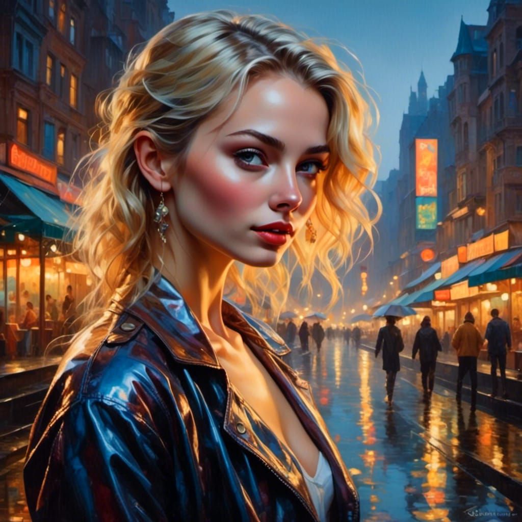 Beautiful Blonde in Rainy City with Colorful Lights