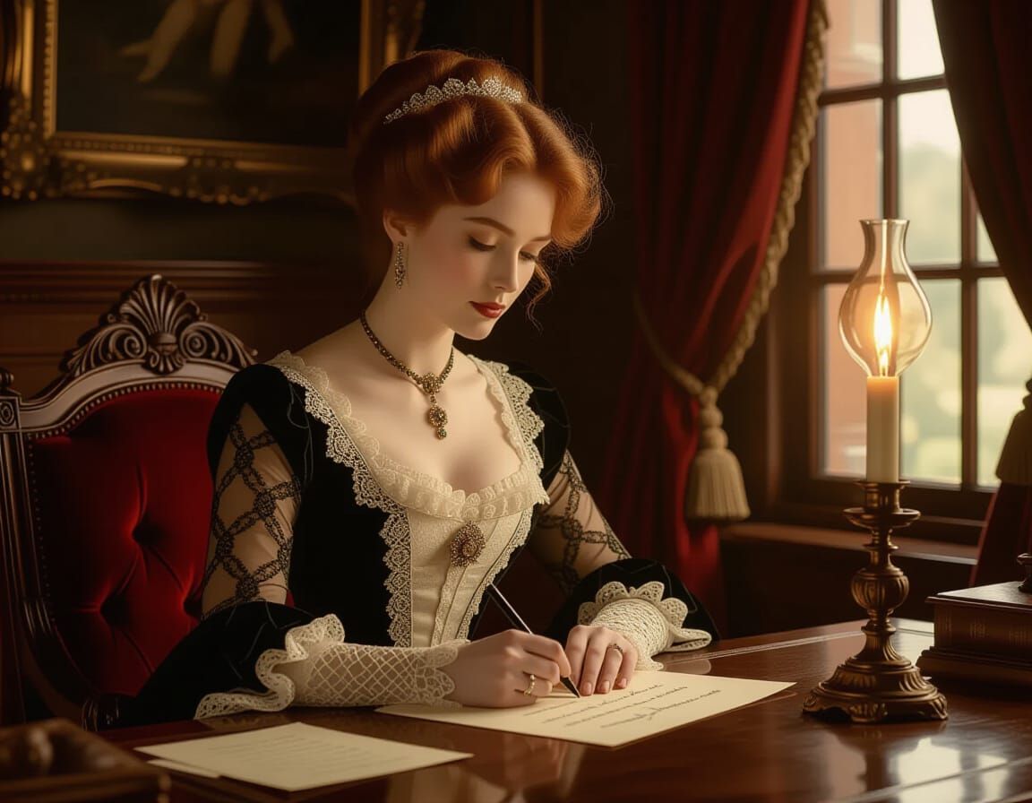Victorian Lady Writing by Lamplight in Renaissance Style