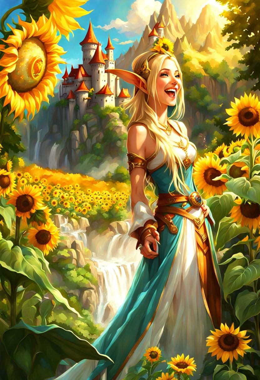 Elven Lady Laughing in the Sunflowers - SIS