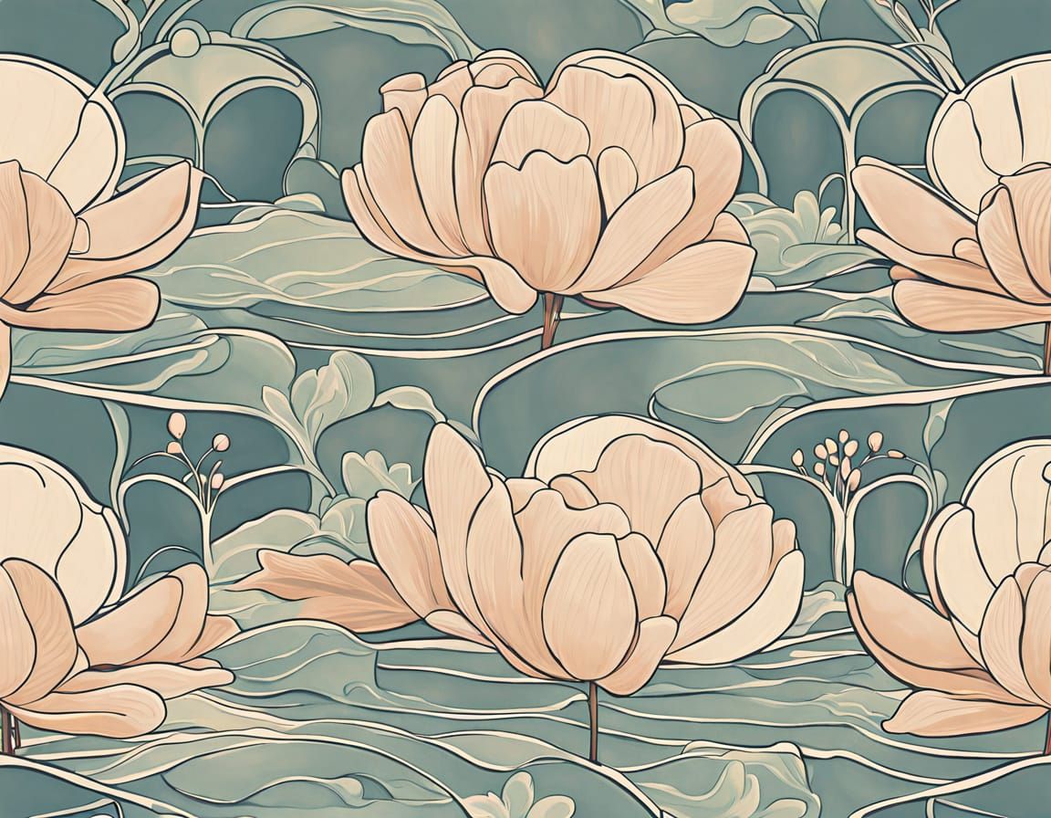 Art Nouveau Waterscape with Flowing Lines and Floral Motifs